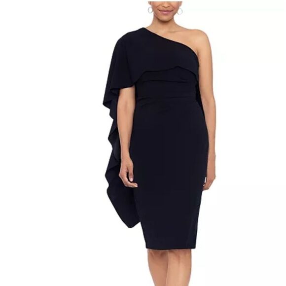 Xscape One Shoulder Draped Dress Size 12 NWOT Dark Blue - Picture 1 of 8
